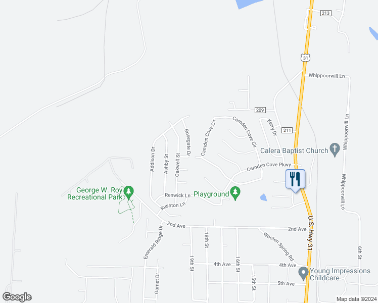 map of restaurants, bars, coffee shops, grocery stores, and more near 134 Rosegate Drive in Calera