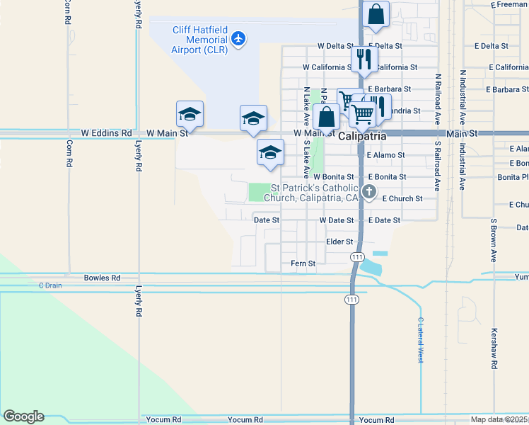 map of restaurants, bars, coffee shops, grocery stores, and more near 410 Date Street in Calipatria