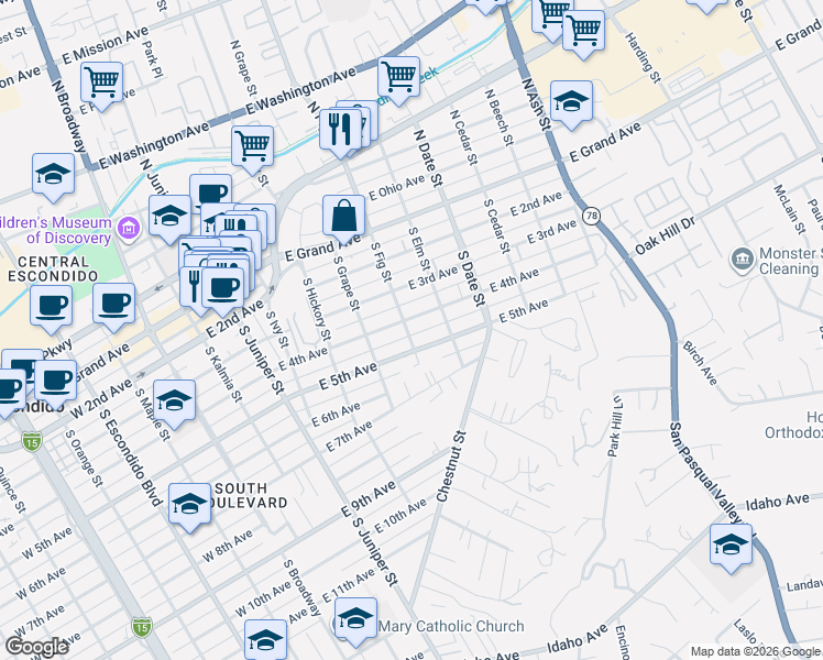 map of restaurants, bars, coffee shops, grocery stores, and more near 639 East 4th Avenue in Escondido