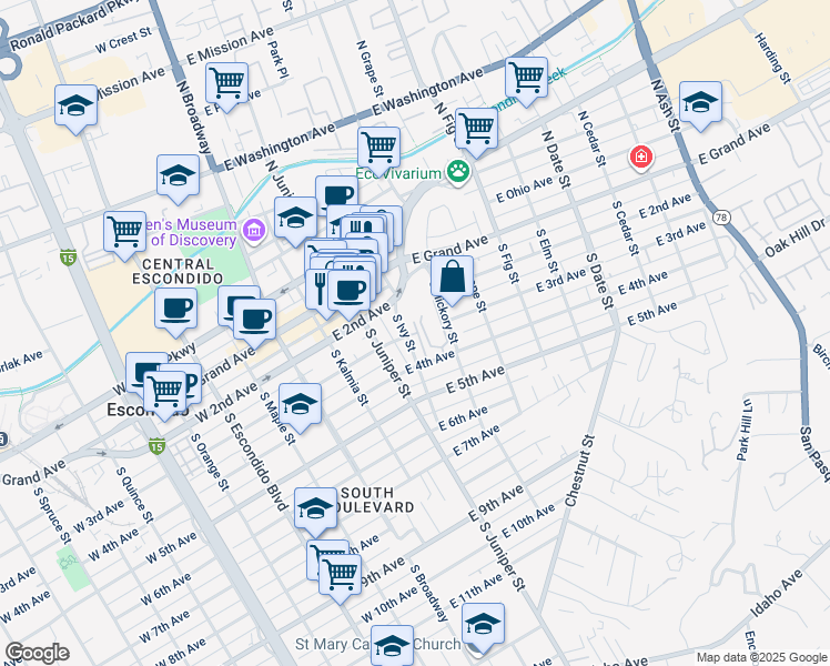 map of restaurants, bars, coffee shops, grocery stores, and more near 307 South Ivy Street in Escondido