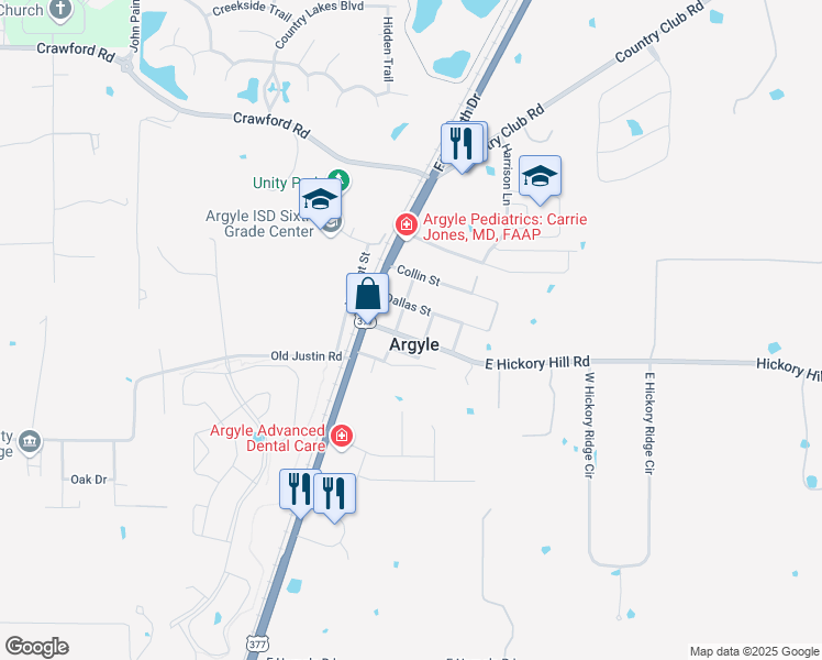 map of restaurants, bars, coffee shops, grocery stores, and more near 207 Denton Street East in Argyle