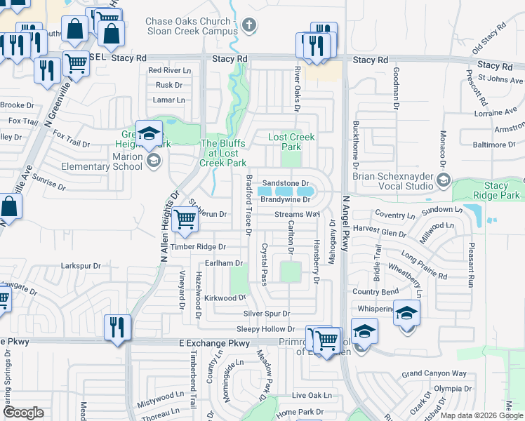 map of restaurants, bars, coffee shops, grocery stores, and more near 1515 Streams Way in Allen