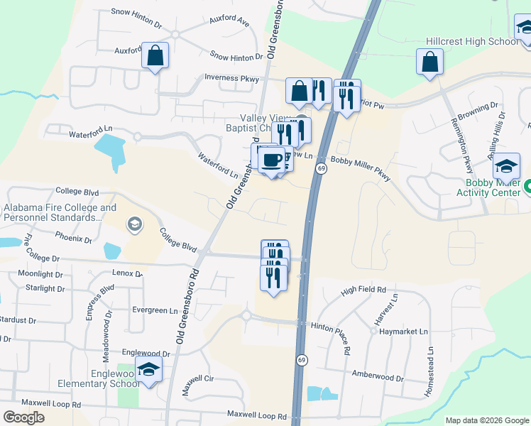 map of restaurants, bars, coffee shops, grocery stores, and more near Wisteria in Tuscaloosa