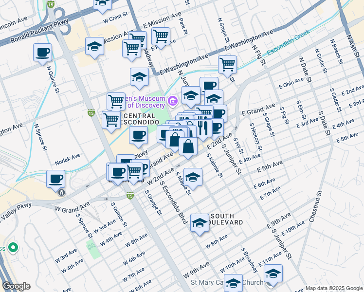map of restaurants, bars, coffee shops, grocery stores, and more near 2 North Broadway in Escondido