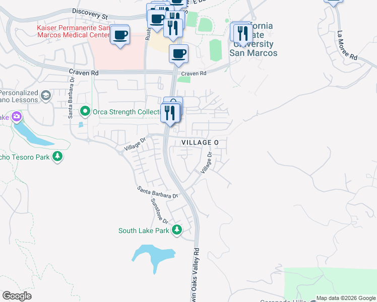 map of restaurants, bars, coffee shops, grocery stores, and more near 490 Almond Road in San Marcos