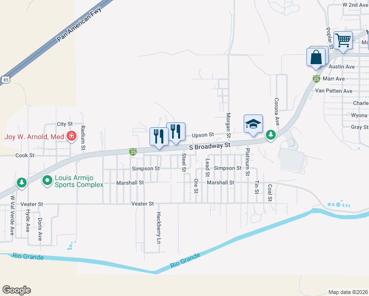 map of restaurants, bars, coffee shops, grocery stores, and more near 1101 Steel Street in Truth or Consequences