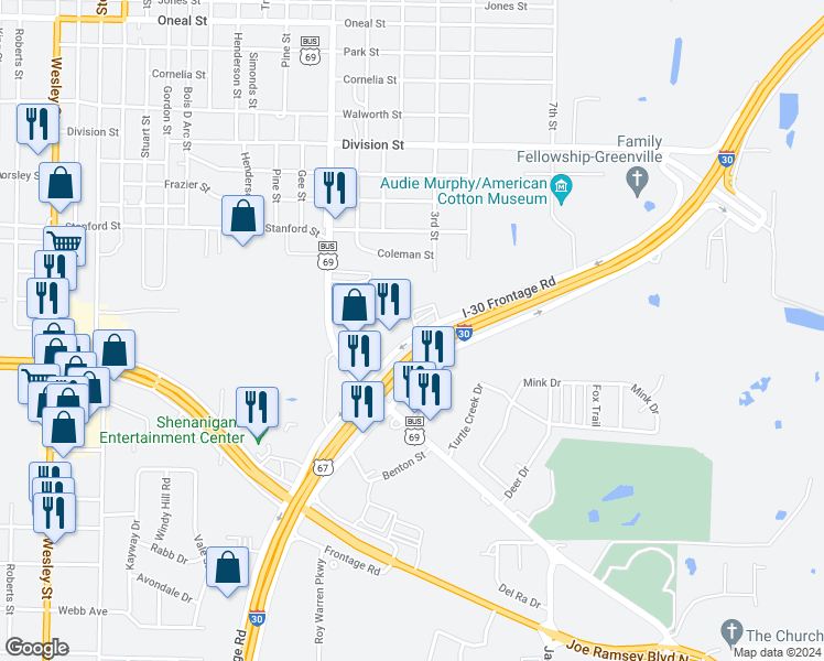 map of restaurants, bars, coffee shops, grocery stores, and more near 8 Interstate 30 Frontage Road in Greenville