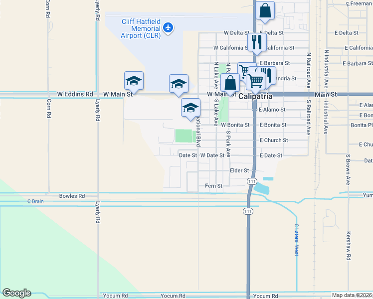 map of restaurants, bars, coffee shops, grocery stores, and more near 410 Date Street in Calipatria