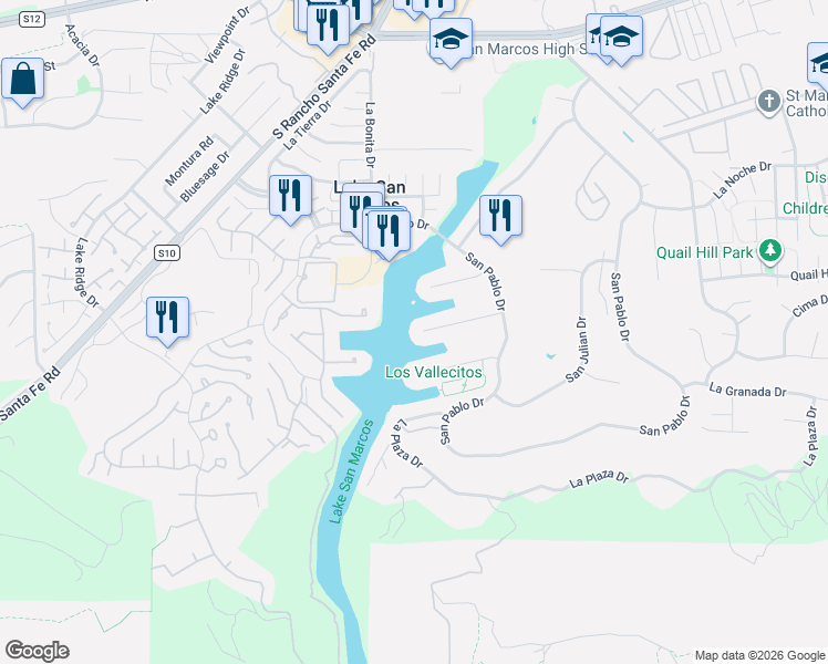 map of restaurants, bars, coffee shops, grocery stores, and more near 1499 La Linda Drive in San Marcos