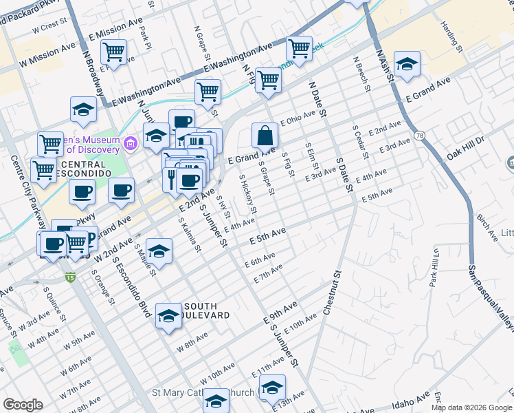 map of restaurants, bars, coffee shops, grocery stores, and more near 5 South Hickory Street in Escondido