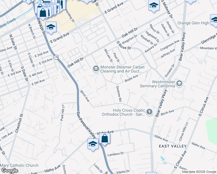 map of restaurants, bars, coffee shops, grocery stores, and more near 1301 Boyle Avenue in Escondido