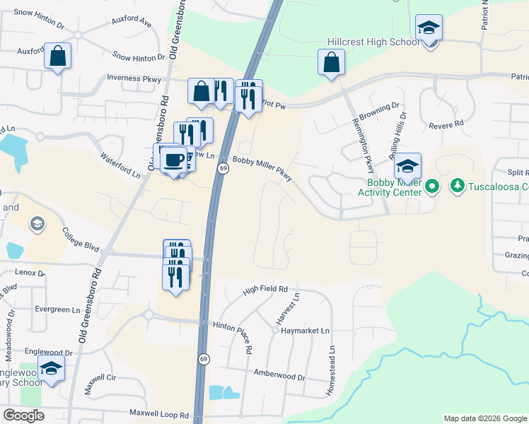 map of restaurants, bars, coffee shops, grocery stores, and more near 599 Camille Lane in Tuscaloosa
