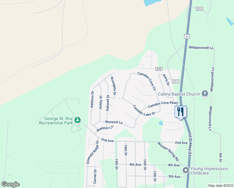 map of restaurants, bars, coffee shops, grocery stores, and more near 141 Rosegate Drive in Calera