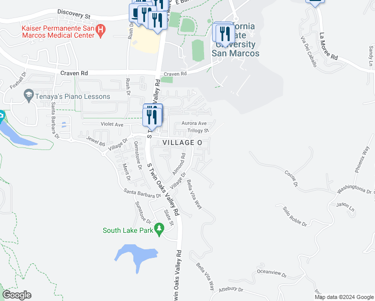 map of restaurants, bars, coffee shops, grocery stores, and more near 472 Almond Road in San Marcos