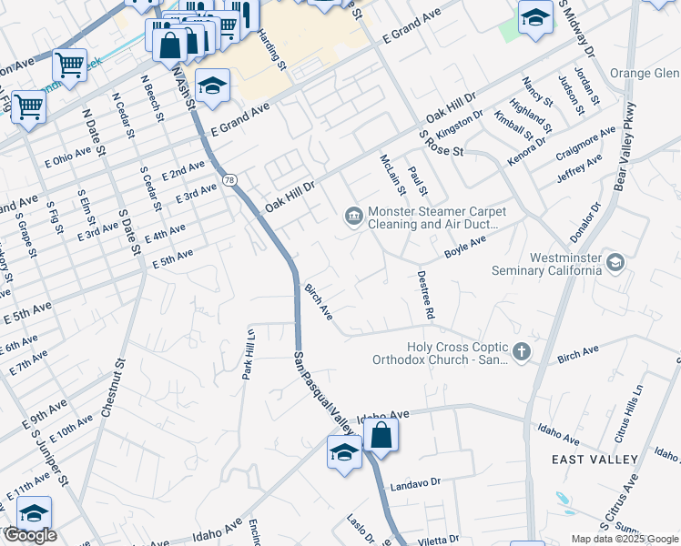 map of restaurants, bars, coffee shops, grocery stores, and more near 820 Birch Avenue in Escondido