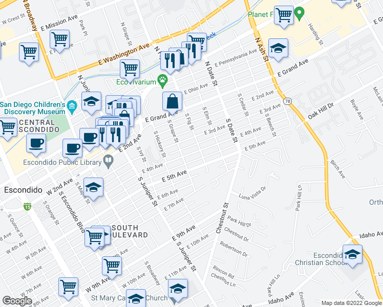 map of restaurants, bars, coffee shops, grocery stores, and more near 635 East 4th Avenue in Escondido