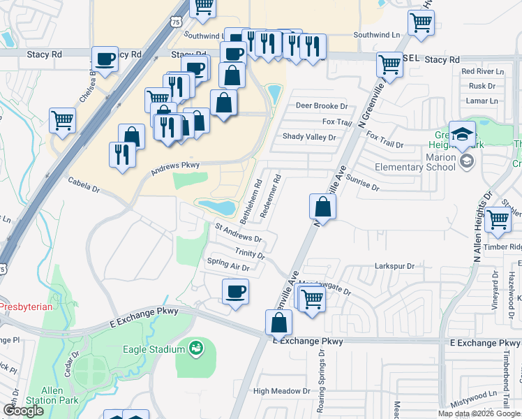 map of restaurants, bars, coffee shops, grocery stores, and more near 1512 Redeemer Road in Allen