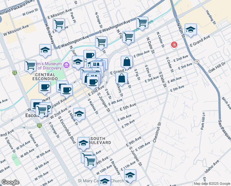map of restaurants, bars, coffee shops, grocery stores, and more near 5 South Hickory Street in Escondido
