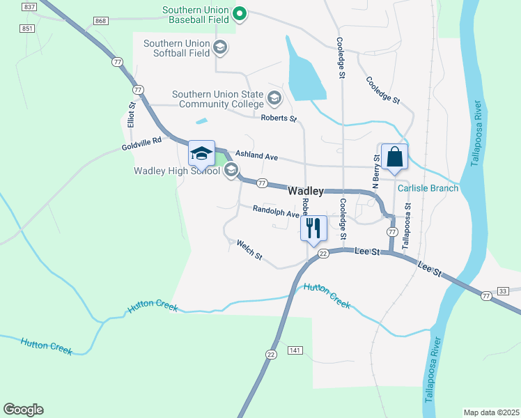 map of restaurants, bars, coffee shops, grocery stores, and more near 756 Randolph Avenue in Wadley