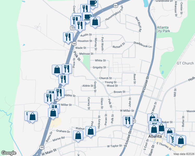 map of restaurants, bars, coffee shops, grocery stores, and more near 505 Church Street in Atlanta