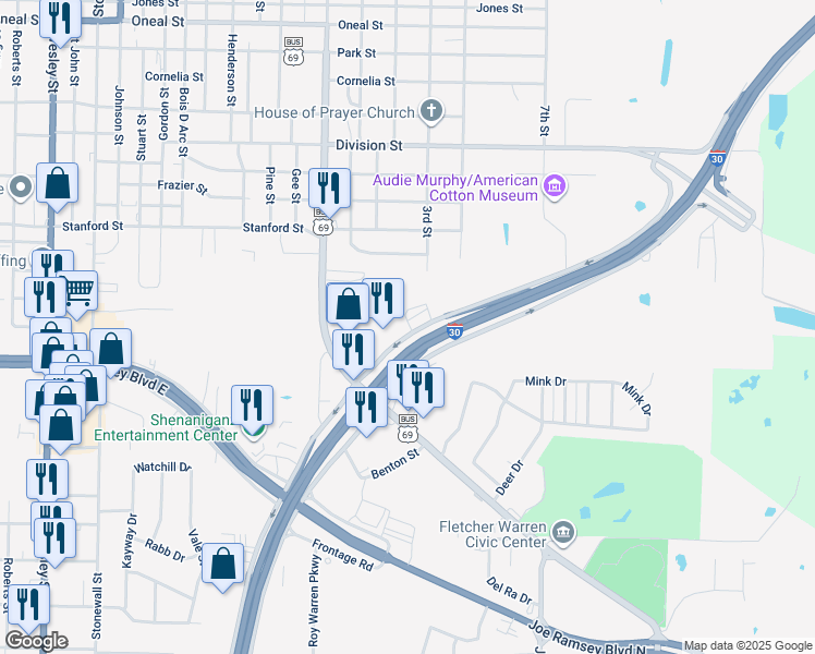 map of restaurants, bars, coffee shops, grocery stores, and more near 8 Interstate 30 Frontage Road in Greenville