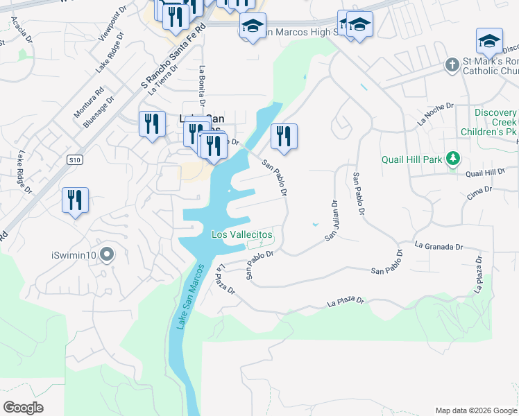 map of restaurants, bars, coffee shops, grocery stores, and more near 1473 La Linda Drive in San Marcos