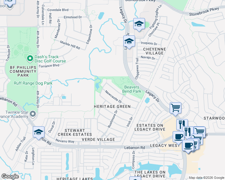 map of restaurants, bars, coffee shops, grocery stores, and more near 4441 Newcastle Drive in Frisco