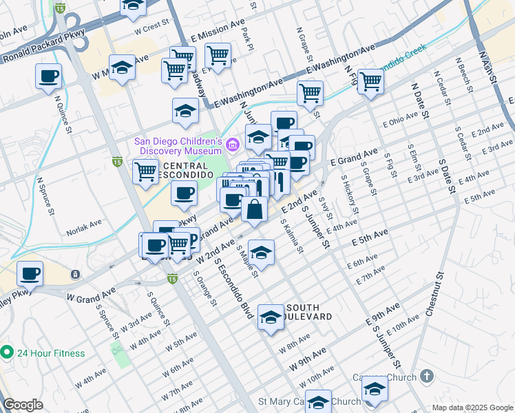 map of restaurants, bars, coffee shops, grocery stores, and more near 125 East Grand Avenue in Escondido