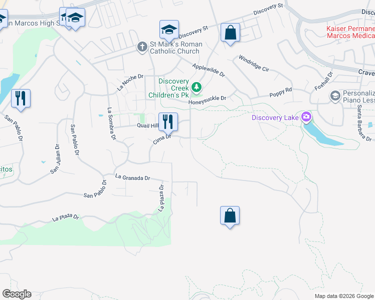 map of restaurants, bars, coffee shops, grocery stores, and more near 1048 Via Vera Cruz in San Marcos