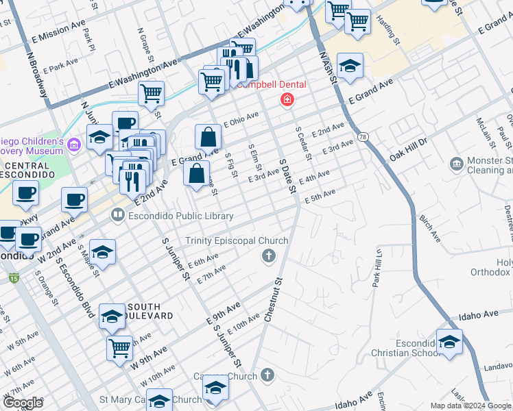 map of restaurants, bars, coffee shops, grocery stores, and more near 725 East 4th Avenue in Escondido