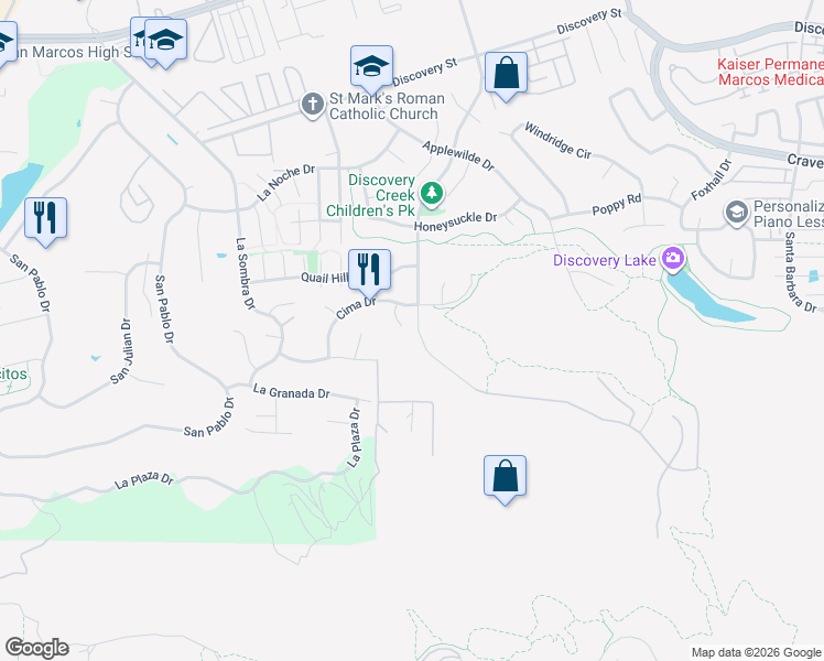 map of restaurants, bars, coffee shops, grocery stores, and more near 1048 Via Vera Cruz in San Marcos