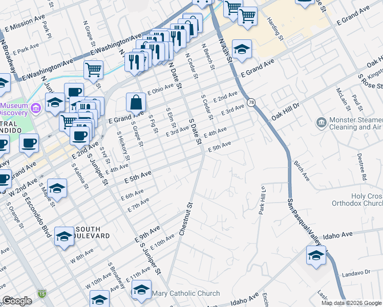 map of restaurants, bars, coffee shops, grocery stores, and more near 829 East 5th Avenue in Escondido