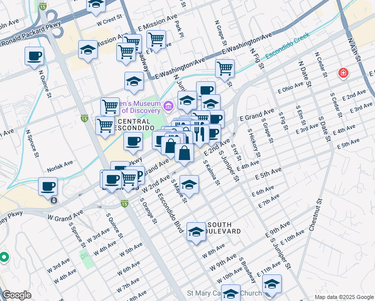map of restaurants, bars, coffee shops, grocery stores, and more near 105 East Grand Avenue in Escondido