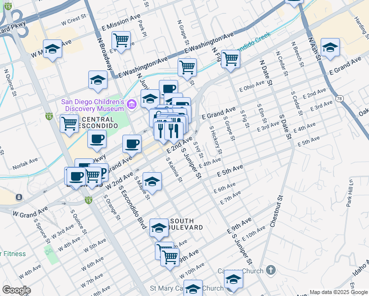 map of restaurants, bars, coffee shops, grocery stores, and more near 239 South Juniper Street in Escondido