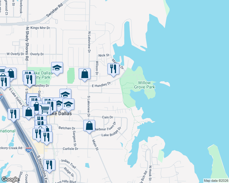 map of restaurants, bars, coffee shops, grocery stores, and more near 717B Glen Rhea Drive in Lake Dallas