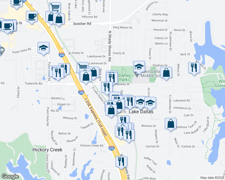 map of restaurants, bars, coffee shops, grocery stores, and more near 108 South Shady Shores Road in Denton