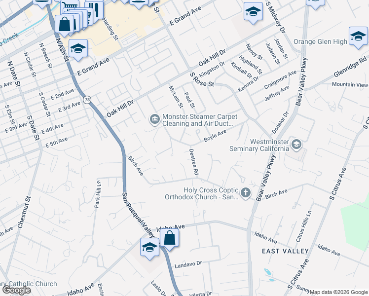 map of restaurants, bars, coffee shops, grocery stores, and more near 1115 Destree Road in Escondido