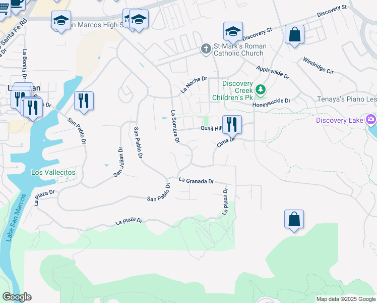 map of restaurants, bars, coffee shops, grocery stores, and more near 1161 Sunrise Way in San Marcos