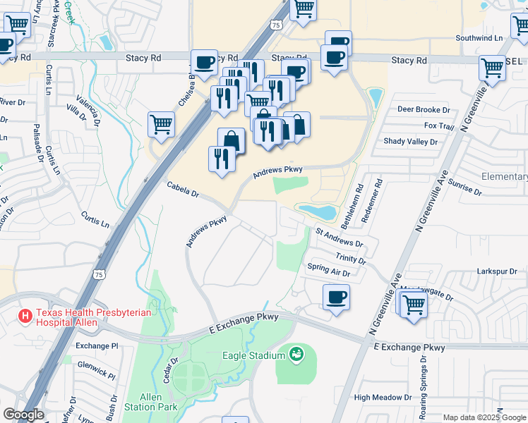 map of restaurants, bars, coffee shops, grocery stores, and more near 1400 Andrews Parkway in Allen