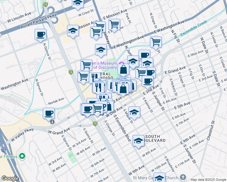 map of restaurants, bars, coffee shops, grocery stores, and more near 198 Maple Street Plaza in Escondido