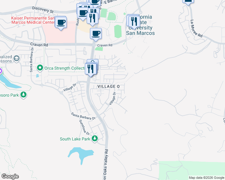 map of restaurants, bars, coffee shops, grocery stores, and more near 449 Almond Road in San Marcos
