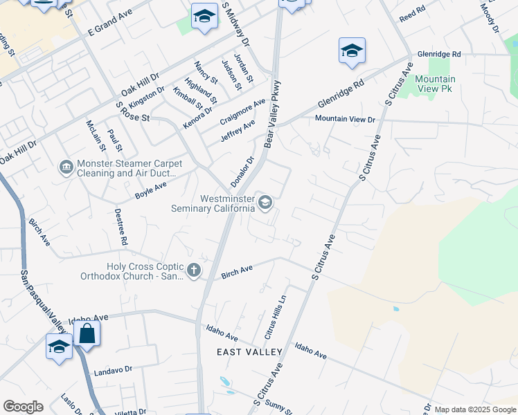 map of restaurants, bars, coffee shops, grocery stores, and more near 1725 Bear Valley Parkway in Escondido