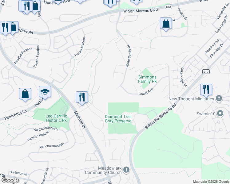 map of restaurants, bars, coffee shops, grocery stores, and more near 1263 White Sands Drive in San Marcos