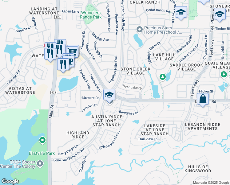 map of restaurants, bars, coffee shops, grocery stores, and more near 5050 Lone Star Ranch Parkway in Frisco