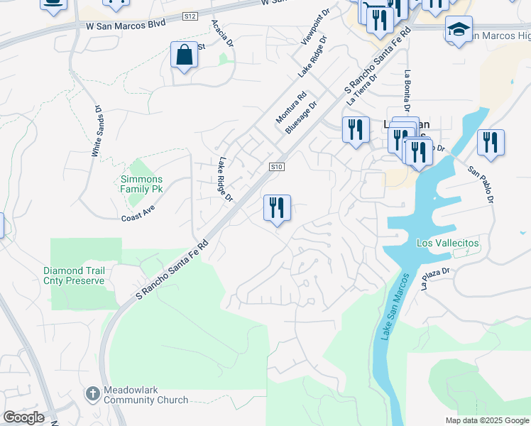 map of restaurants, bars, coffee shops, grocery stores, and more near 1315 Camino Linda Drive in San Marcos