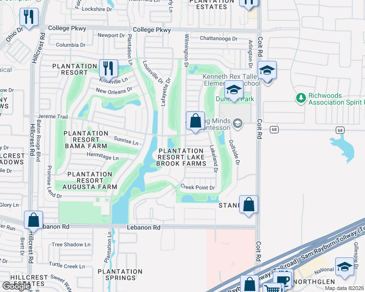 map of restaurants, bars, coffee shops, grocery stores, and more near 11912 Primrose Lane in Frisco