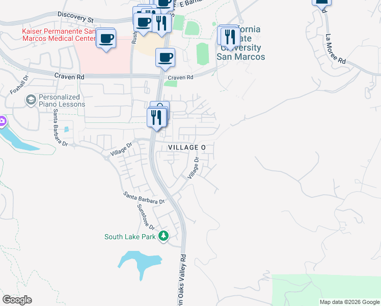map of restaurants, bars, coffee shops, grocery stores, and more near 445 Almond Road in San Marcos