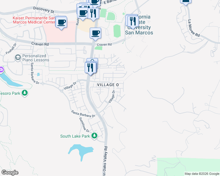 map of restaurants, bars, coffee shops, grocery stores, and more near 449 Almond Road in San Marcos