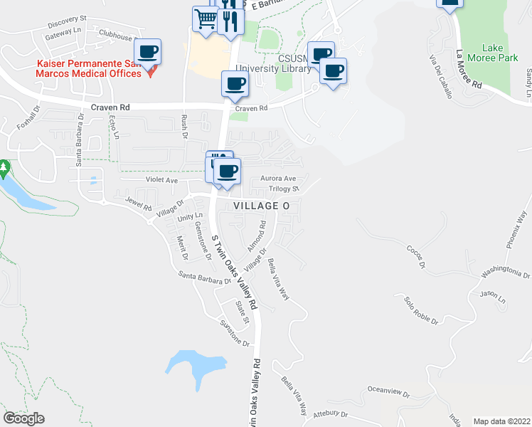 map of restaurants, bars, coffee shops, grocery stores, and more near 490 Almond Road in San Marcos