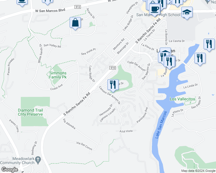 map of restaurants, bars, coffee shops, grocery stores, and more near 1315 Camino Linda Drive in San Marcos